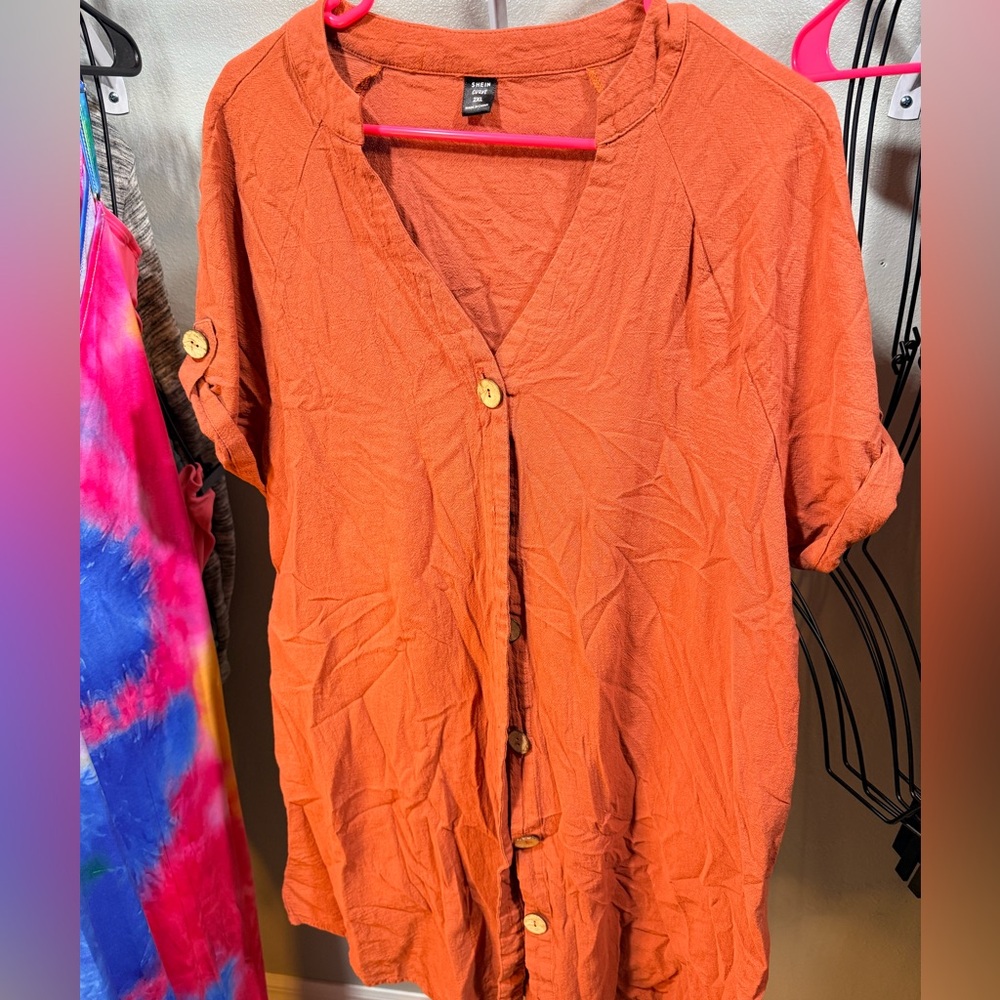 SHEIN Curve Terracotta Button Front Blouse 2XL Textured Top